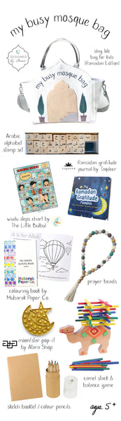 10 PIECE My Busy Mosque Bag | Featured in Allure Magazine! | Ramadan Themed Books & Activity Bag For Kids
