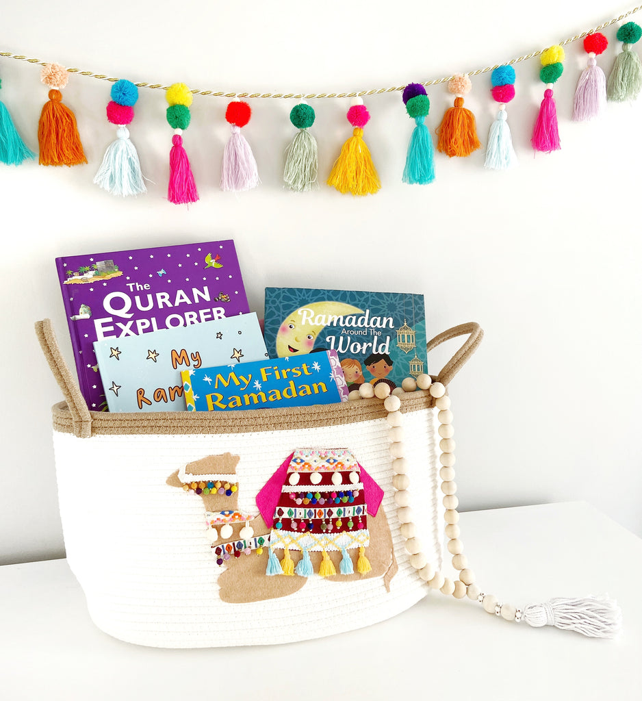 Embellished Ramadan & Eid Camel Activity Basket | Books & Kids Prayer Mat Storage Basket