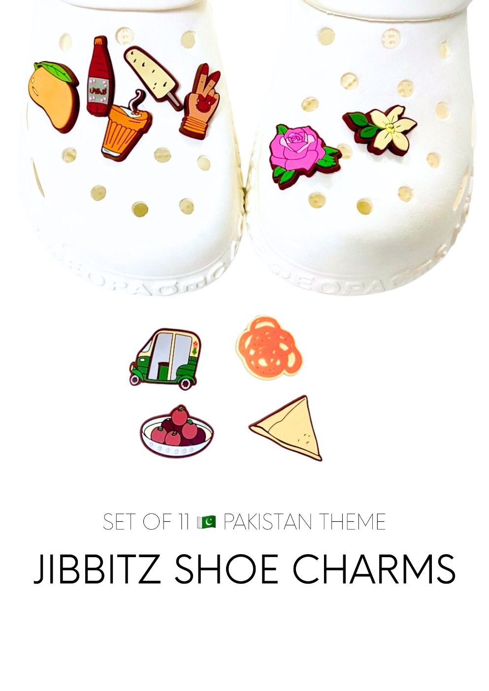 PREORDER Pakistani Things Croc Jibbitz Set Of 11 Shoe Charms South Asian Heritage Muslim gift modest wear hijab Desi Punjabi Lahore Urdu Jalebi Kulfi Gulab Jamun Rikshaw Henna Karak Chai Samosa Mango Rooh Afza Gulab Rose Motia Jasmine flower