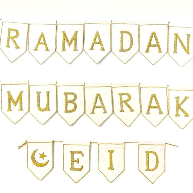 Fast shipping 2 in 1 Eid & Ramadan Mubarak Bunting | Limited Edition Luxury Zardozi Gold Embroidery Heirloom Garland