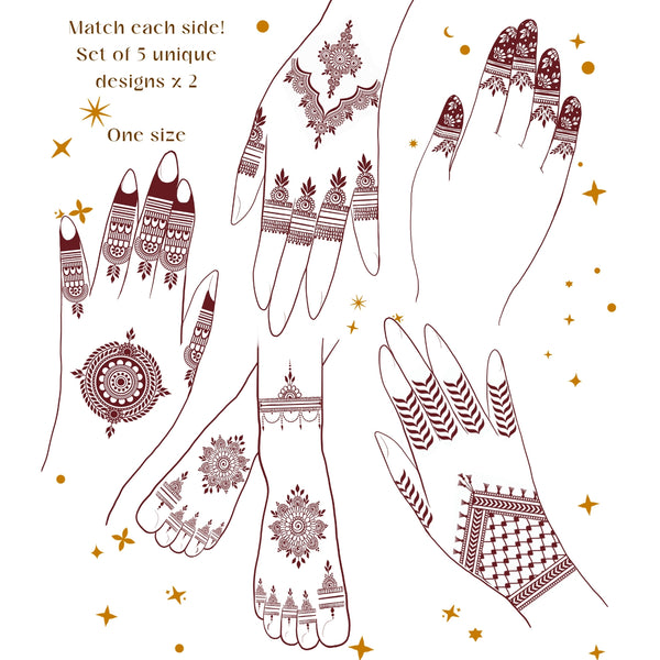 PREORDER 10 SHEET BUNDLE - 5 Henna Designs Temporary Tattoo Stickers Mehndi Eid Ramadan Pakistan Adornment Festive Celebration Wedding Party