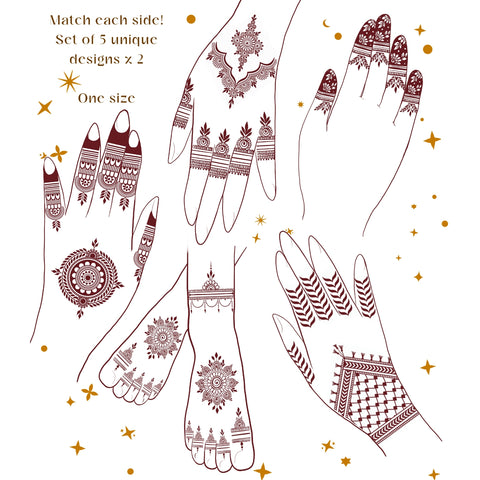 10 SHEET BUNDLE - 5 Henna Designs Temporary Tattoo Stickers Mehndi Eid Ramadan Pakistan Adornment Festive Celebration Wedding Party