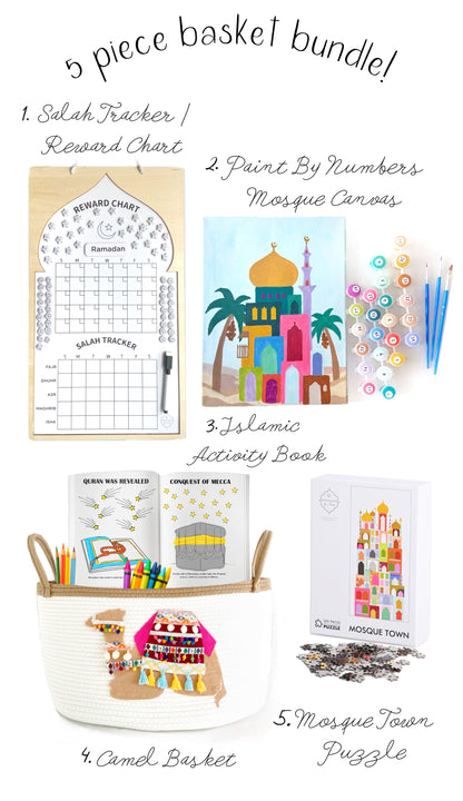 Ships Fast! 5 Piece Convenient Ramadan Fun Activity Camel Basket Value Bundle Muslim Kids Islamic holidays Eid Masjid Mosque Salat Tracker