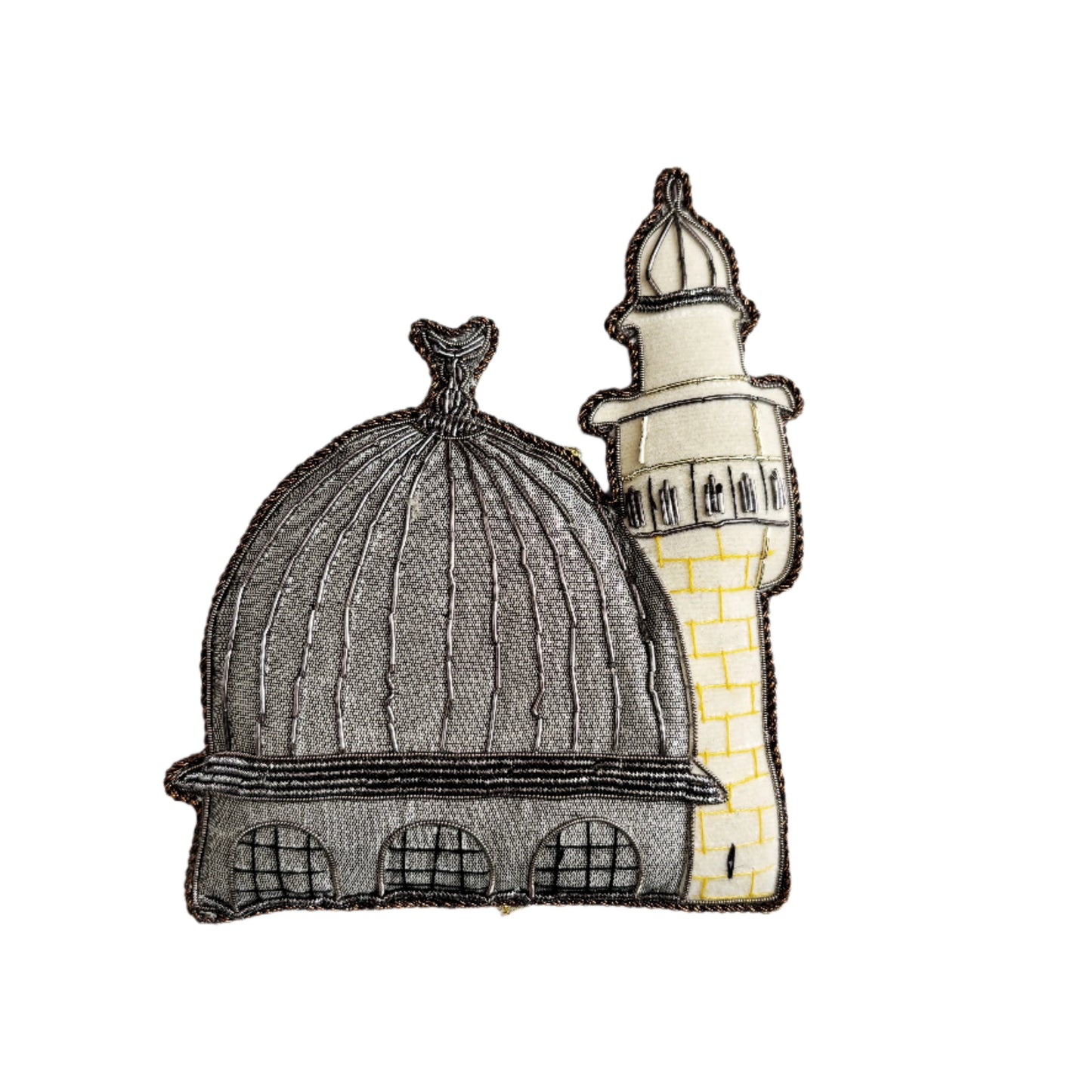 Embroidered patch of a dome and minaret on a white background