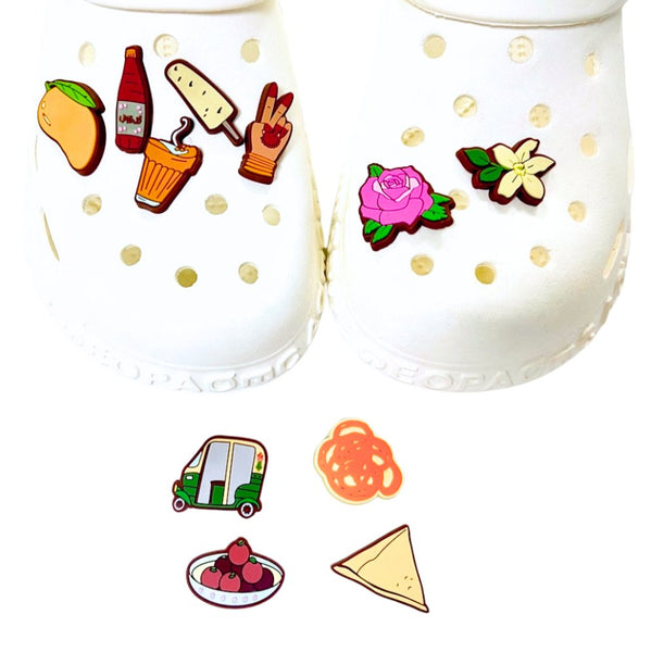 PREORDER Pakistani Things Croc Jibbitz Set Of 11 Shoe Charms South Asian Heritage Muslim gift modest wear hijab Desi Punjabi Lahore Urdu Jalebi Kulfi Gulab Jamun Rikshaw Henna Karak Chai Samosa Mango Rooh Afza Gulab Rose Motia Jasmine flower