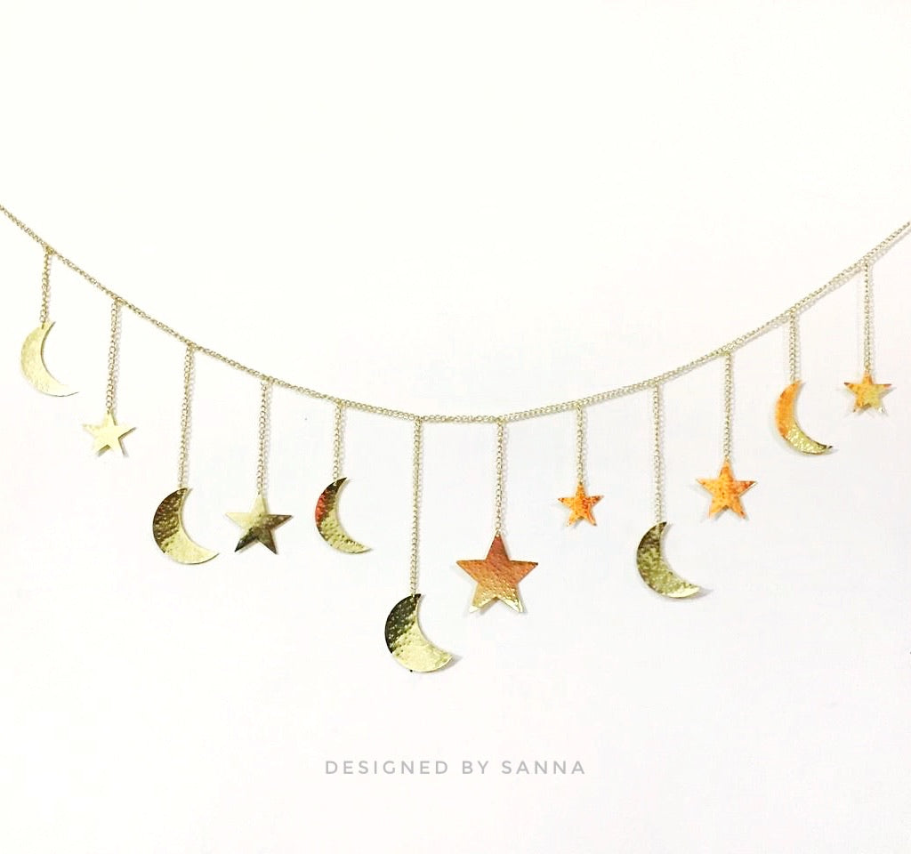 Gold Hammered Metal Moon & Star Garland