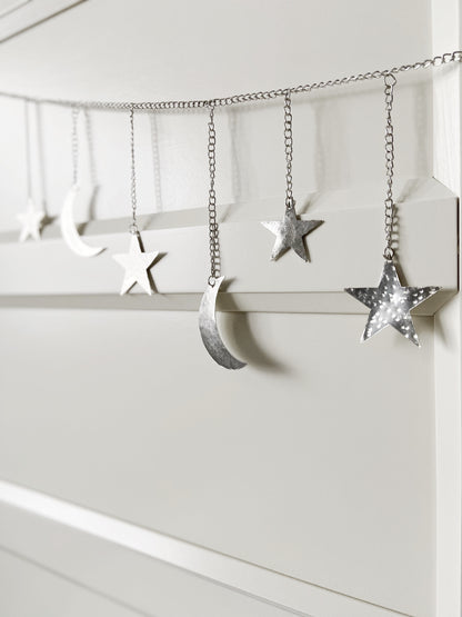 Silver Hammered Metal Moon & Star Garland