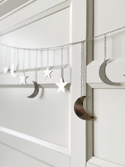 Silver Hammered Metal Moon & Star Garland