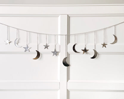 Silver Hammered Metal Moon & Star Garland