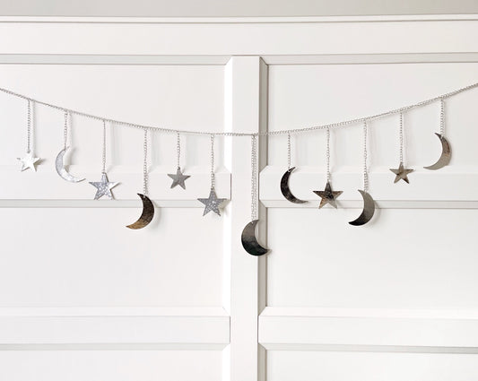 Silver Hammered Metal Moon & Star Garland