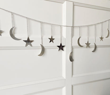 Silver Hammered Metal Moon & Star Garland